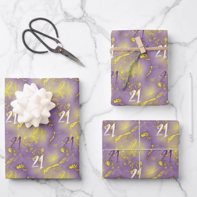 21st Birthday Purple and Faux Gold Elegant Wrapping Paper Sheet (Front)