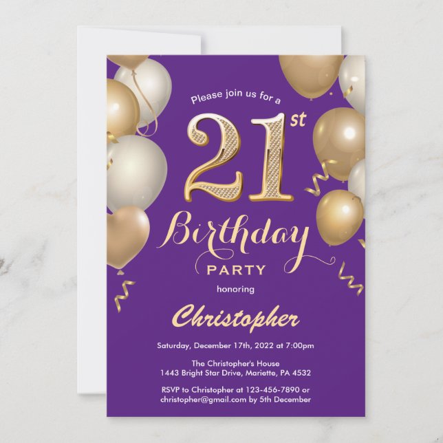 21st Birthday Purple and Gold Balloons Confetti Invitation (Front)