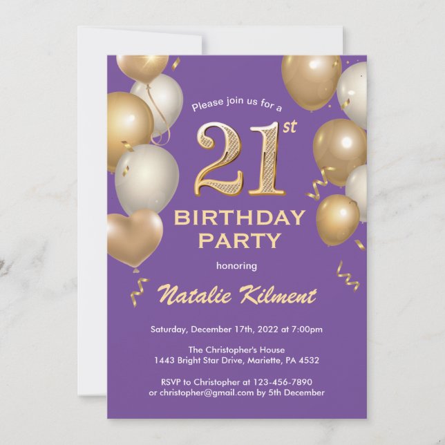 21st Birthday Purple and Gold Glitter Balloons Invitation (Front)