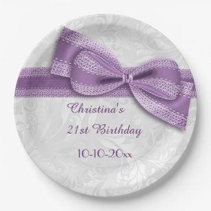 21st Birthday Purple Damask and Faux Bow Paper Plate