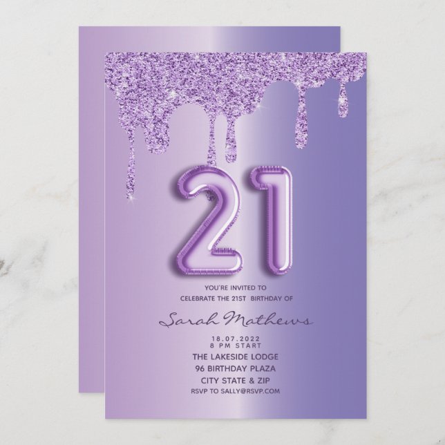 21st  Birthday Purple Glitter Drips Balloon Script Invitation (Front/Back)