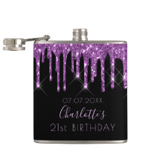 21st birthday purple glitter drips black monogram hip flask