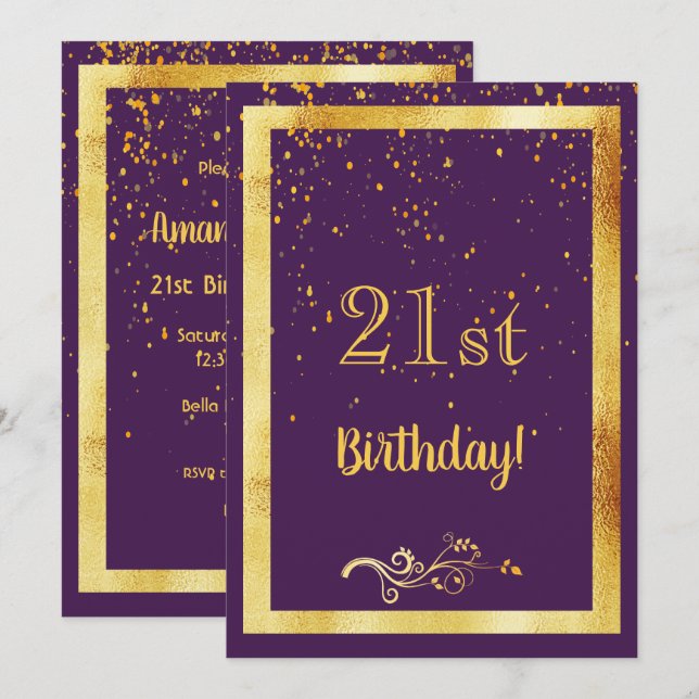 21st birthday purple gold classic elegance invitation (Front/Back)
