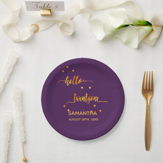 21st birthday purple gold hello 21 twentyone paper plate (Wedding)