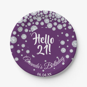 21st birthday purple hello 21 diamonds glam paper plate