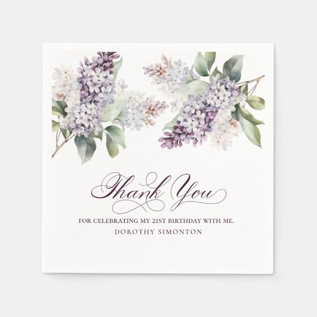 21st Birthday Purple Lilac Spring Flower Cocktail Napkin (Front)