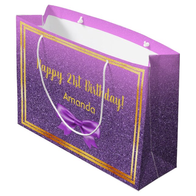 21st birthday purple pink glitter name large gift bag (Back Angled)