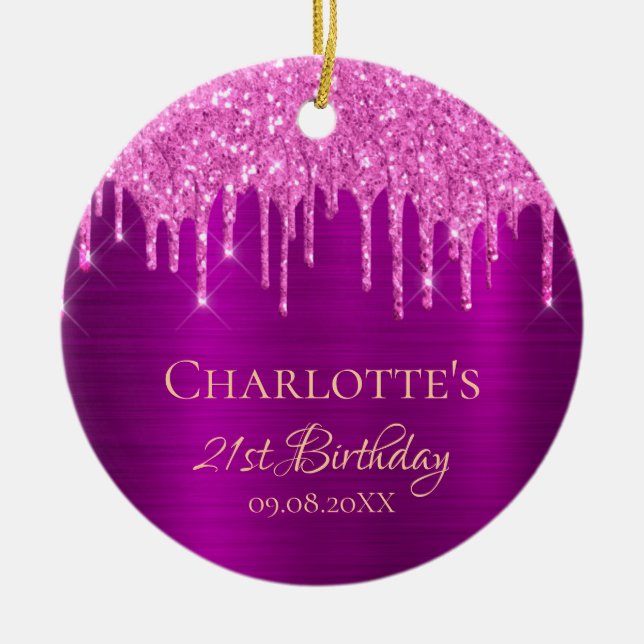 21st birthday purple pink glitter thank you ceramic ornament (Front)