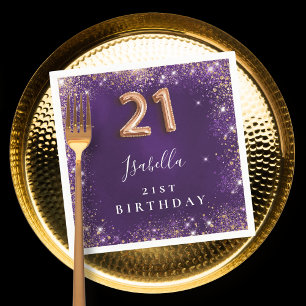 21st birthday purple rose gold glitter name napkin