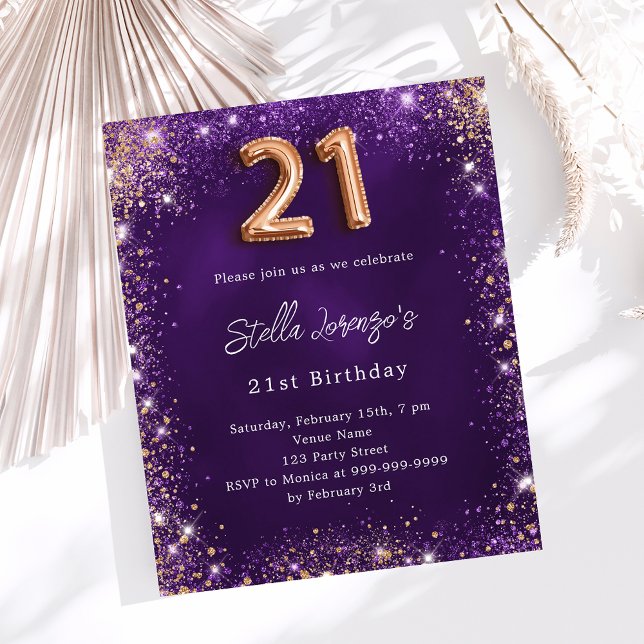 21st Birthday purple rose gold invitation (Creator Uploaded)