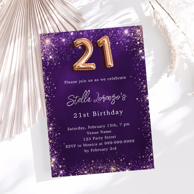 21st Birthday purple rose gold sparkles Invitation (Creator Uploaded)