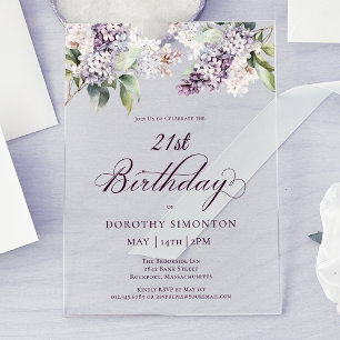 21st Birthday Purple Spring Lilac Flower Acrylic Invitations