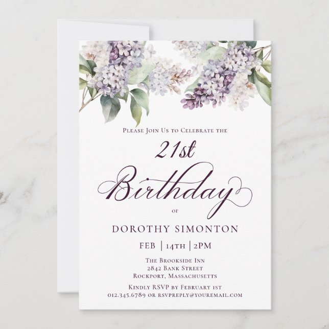 21st Birthday Purple Spring Lilac Flower Invitation (Front)