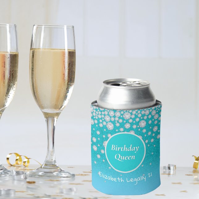 21st Birthday queen teal glitter name diamonds Can Cooler (Creator Uploaded)