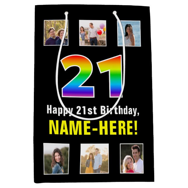21st Birthday: Rainbow “21“, Custom Photos & Name Medium Gift Bag (Front)