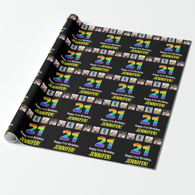 21st Birthday: Rainbow “21“; Custom Photos & Name Wrapping Paper (Unrolled)