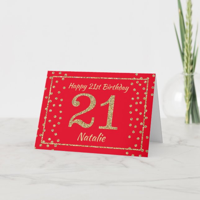 21st Birthday Red and Gold Glitter Confetti Card (Front)