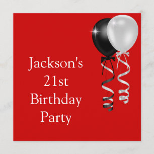 21st Birthday Red Black Silver White Balloons Invitation