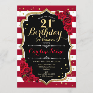 21st Birthday - Red Gold Black White Stripes Roses Invitation