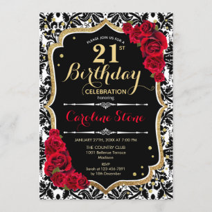 21st Birthday - Red Roses Gold Black Damask Invitation
