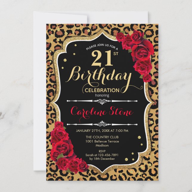 21st Birthday - Red Roses Leopard Print Invitation (Front)