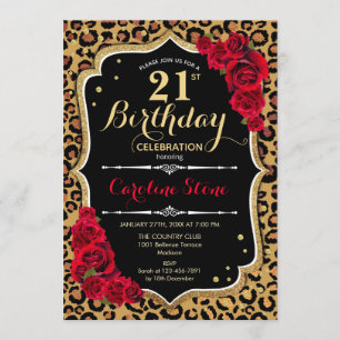21st Birthday - Red Roses Leopard Print Invitation