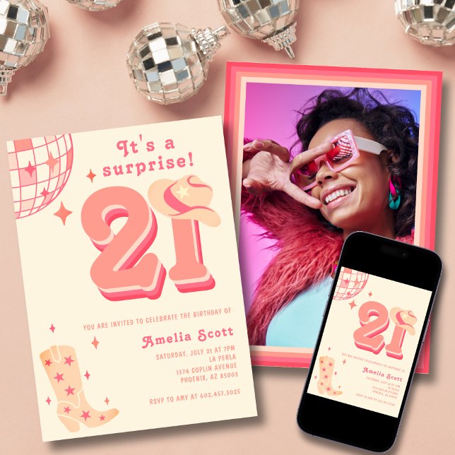 21st Birthday Retro Disco Cowgirl Photo Peach Pink Invitation (Creator Uploaded)
