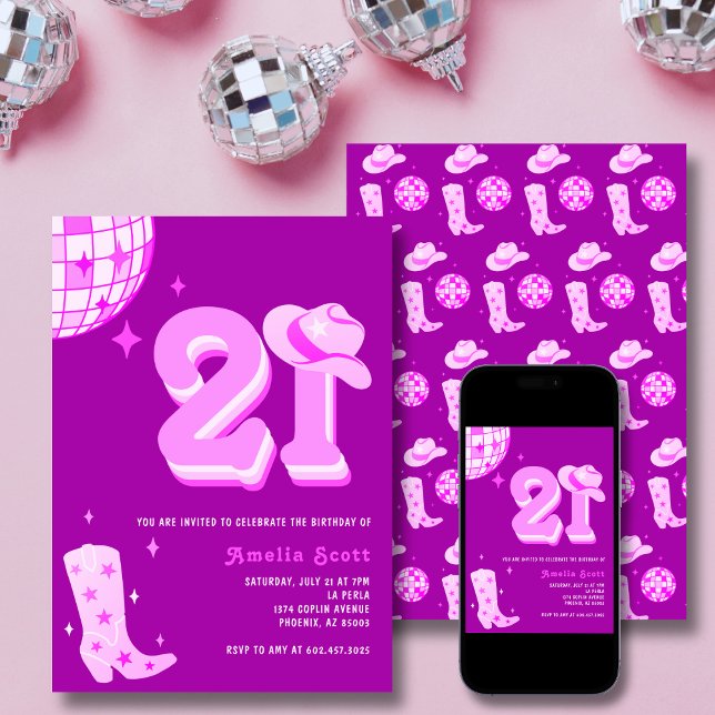 21st Birthday Retro Disco Cowgirl Rodeo Hot Pink Invitation (Creator Uploaded)