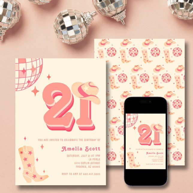 21st Birthday Retro Disco Cowgirl Rodeo Peach Pink Invitation (Creator Uploaded)