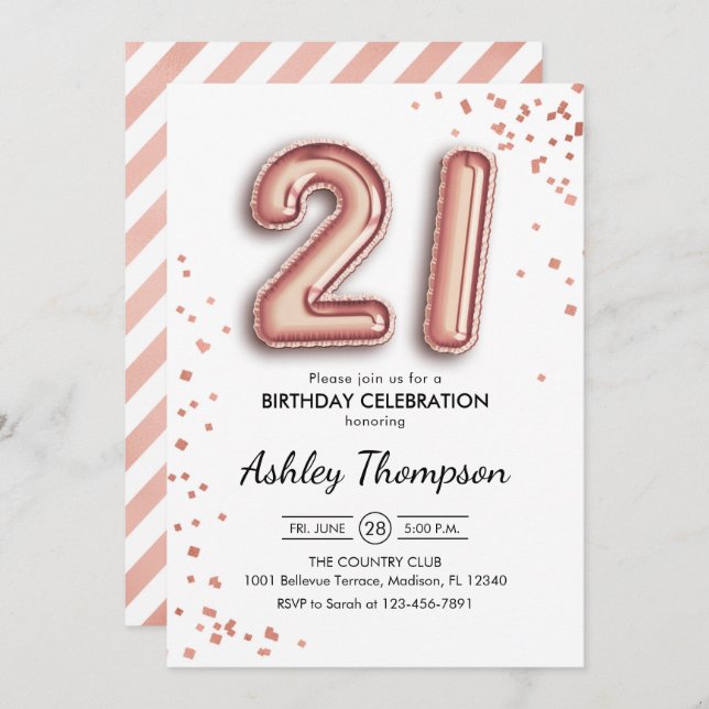 21st Birthday - Rose Gold Balloons Invitation (Front/Back)