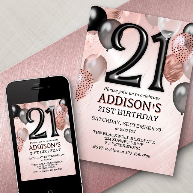 21st Birthday Rose Gold Balloons Invitation (Creator Uploaded)