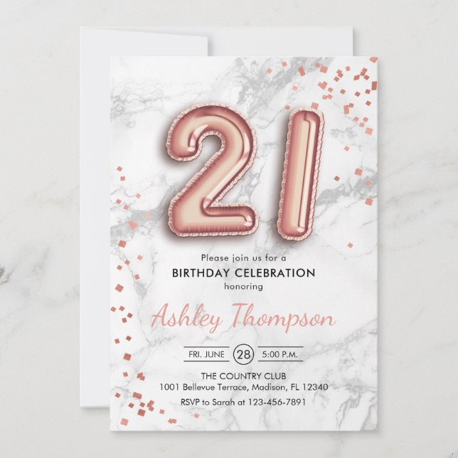 21st Birthday - Rose Gold Balloons Marble Effect Invitation (Front)