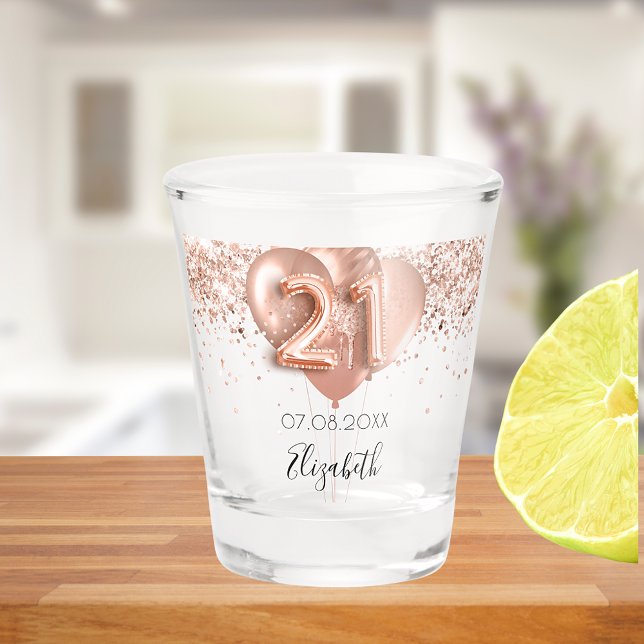 21st birthday rose gold balloons name shot glass (Creator Uploaded)
