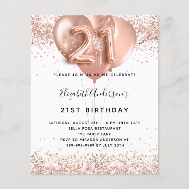 21st birthday rose gold balloons white budget flyer (Front)