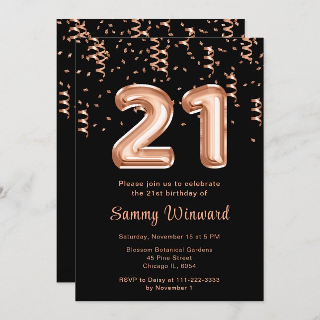 21st Birthday Rose Gold Balloons with Confetti Invitation (Front/Back)