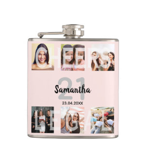 21st birthday  rose gold blush cheers photo name hip flask