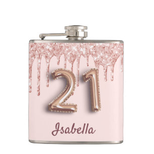 21st birthday rose gold blush drips friends hip flask
