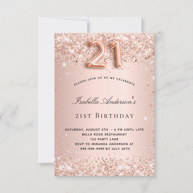 21st birthday rose gold blush glitter invitation (Front)