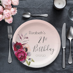 21st birthday rose gold blush pink florals paper plate