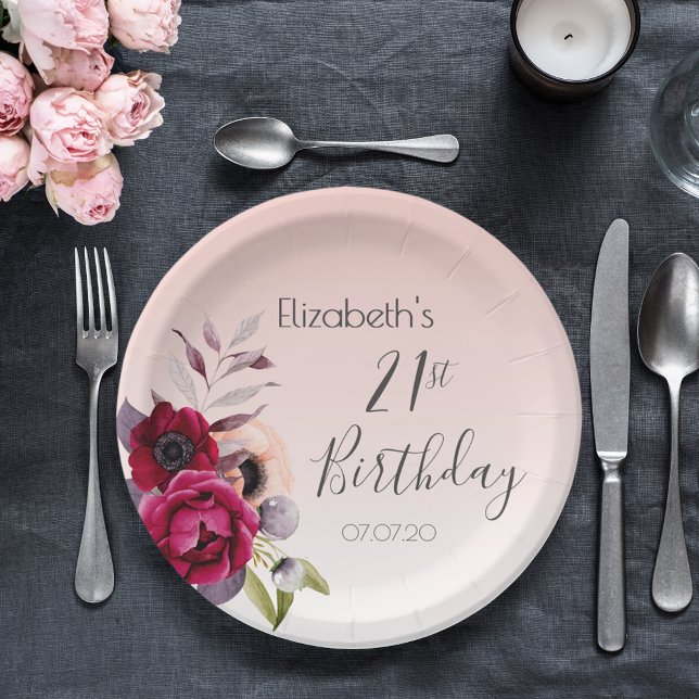 21st birthday rose gold blush pink florals paper plate (Creator Uploaded)
