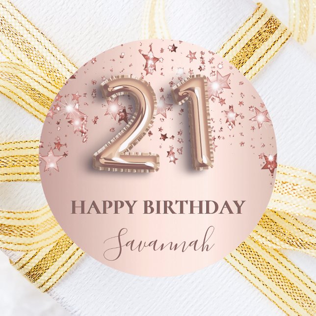 21st birthday rose gold blush stars name classic round sticker (Creator Uploaded)