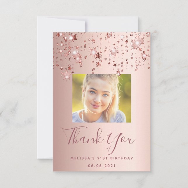21st birthday rose gold blush stars photo thank you card (Front)