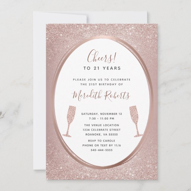 21st Birthday Rose Gold Champagne Party Invite (Front)