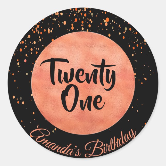21st birthday rose gold confetti on black classic round sticker (Front)