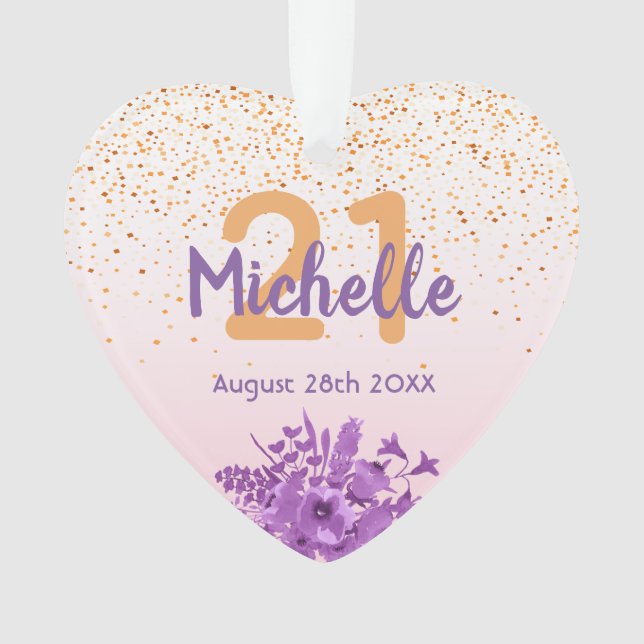 21st birthday rose gold confetti purple flowers ornament (Front)