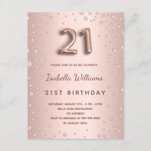 21st birthday rose gold diamons balloon script postcard