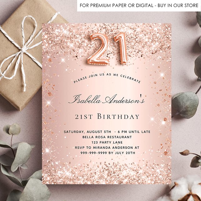 21st birthday rose gold glitter budget invitation (Creator Uploaded)