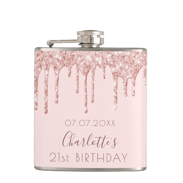 21st birthday rose gold glitter drip pink monogram hip flask (Front)