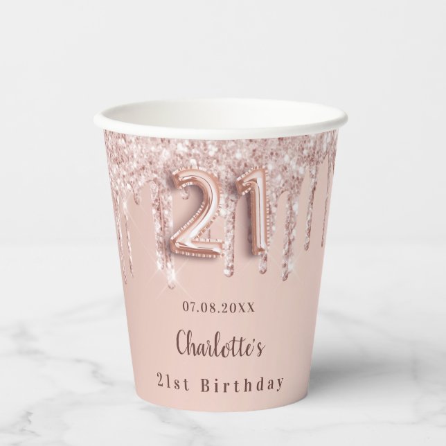 21st birthday rose gold glitter drips monogram paper cups (Front)