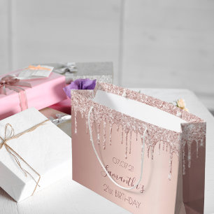 21st birthday rose gold glitter drips pink large gift bag